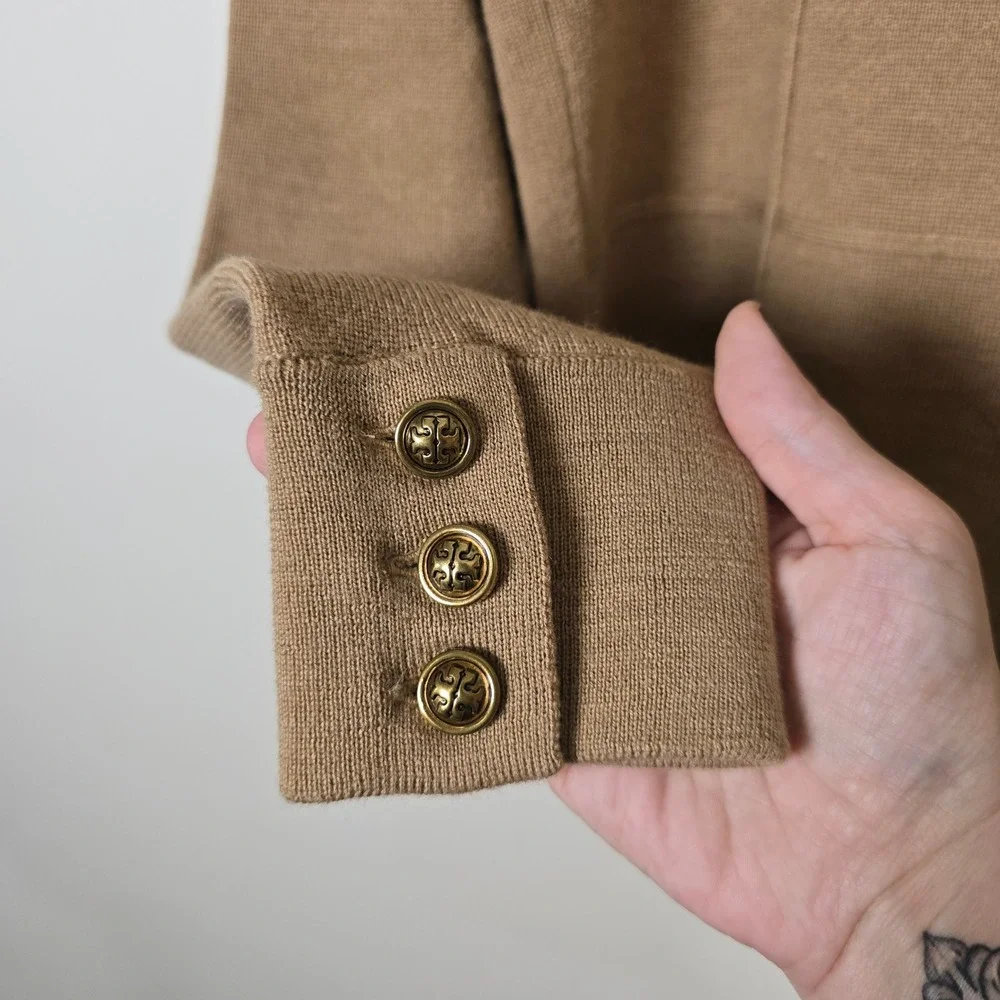 Tory Burch Tan 100% Wool Military Cardigan Jacket Gold Logo Buttons XL